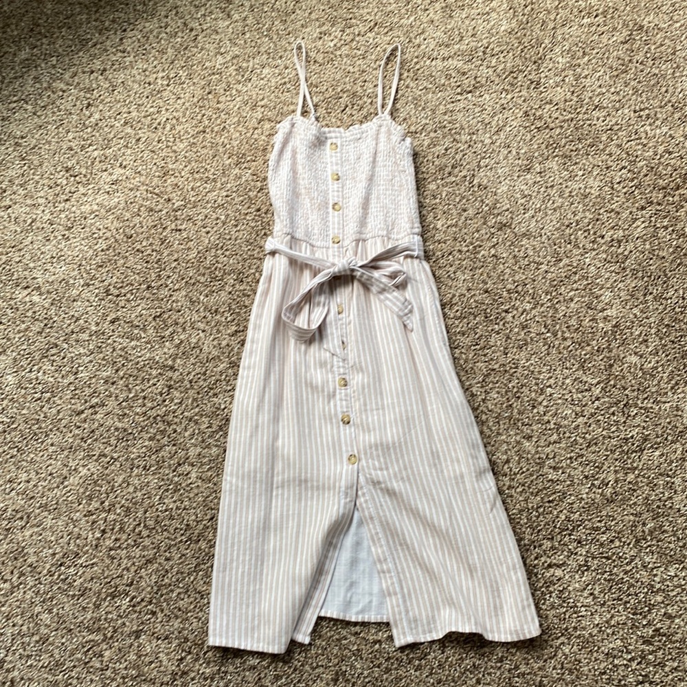 Linen blend striped midi dress from A&F